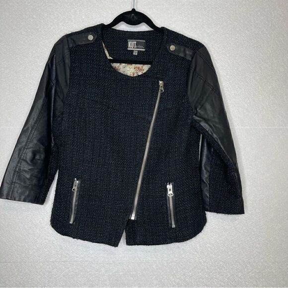 Kut From The Kloth Tweed Vegan Leather Moto Jacket M - Picture 1 of 4
